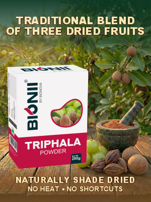 Bionii Triphala Powder 200g – Organic Amla, Bibhitaki & Haritaki Blend for Tea & Topical Use