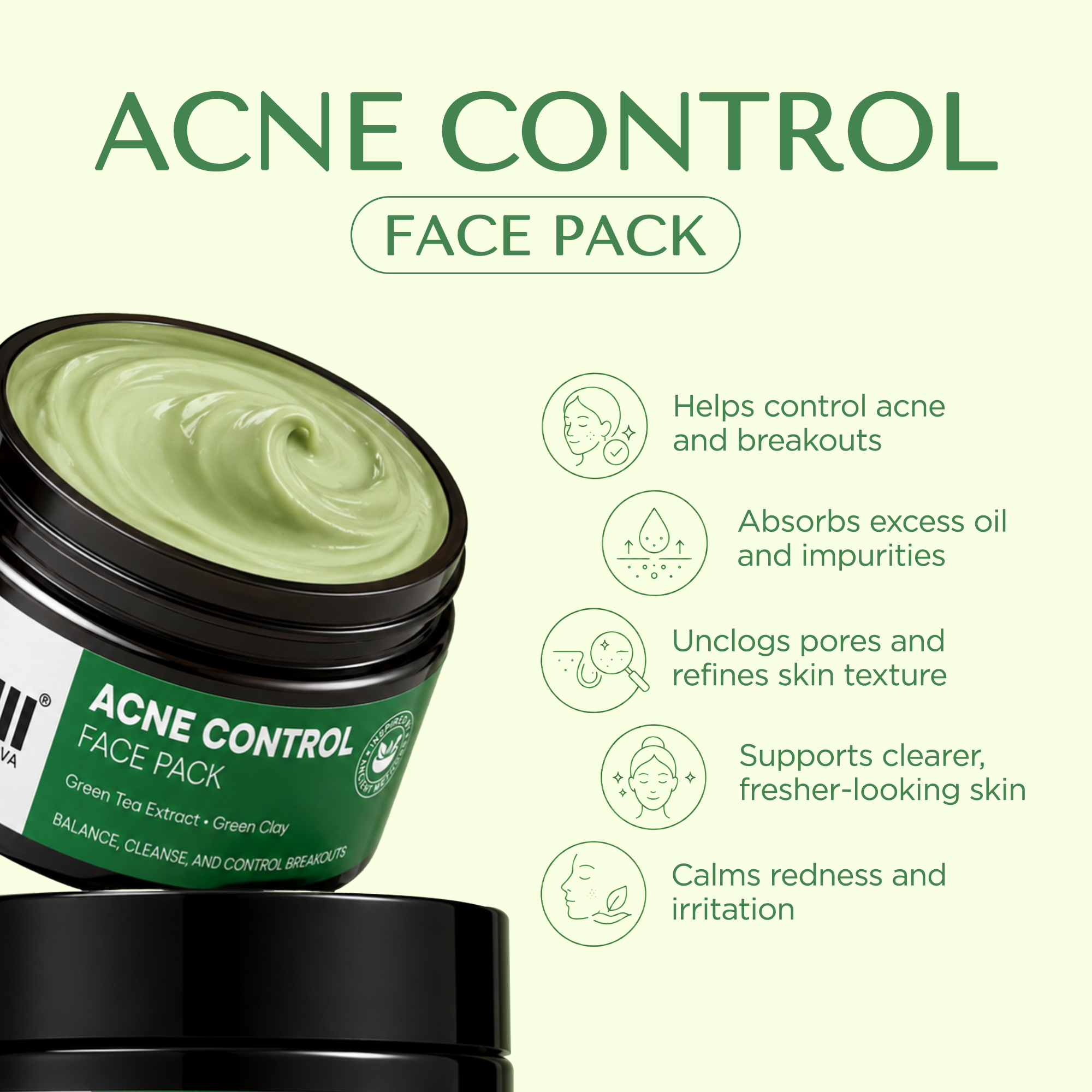 Acne Control Face Pack in a black jar with a green label, shown alongside marketing text and icons describing skin benefits on a pale green background. Acne Control Face Pack – Green Tea Extract & Green Clay | Balances, Cleanses & Controls Breakouts