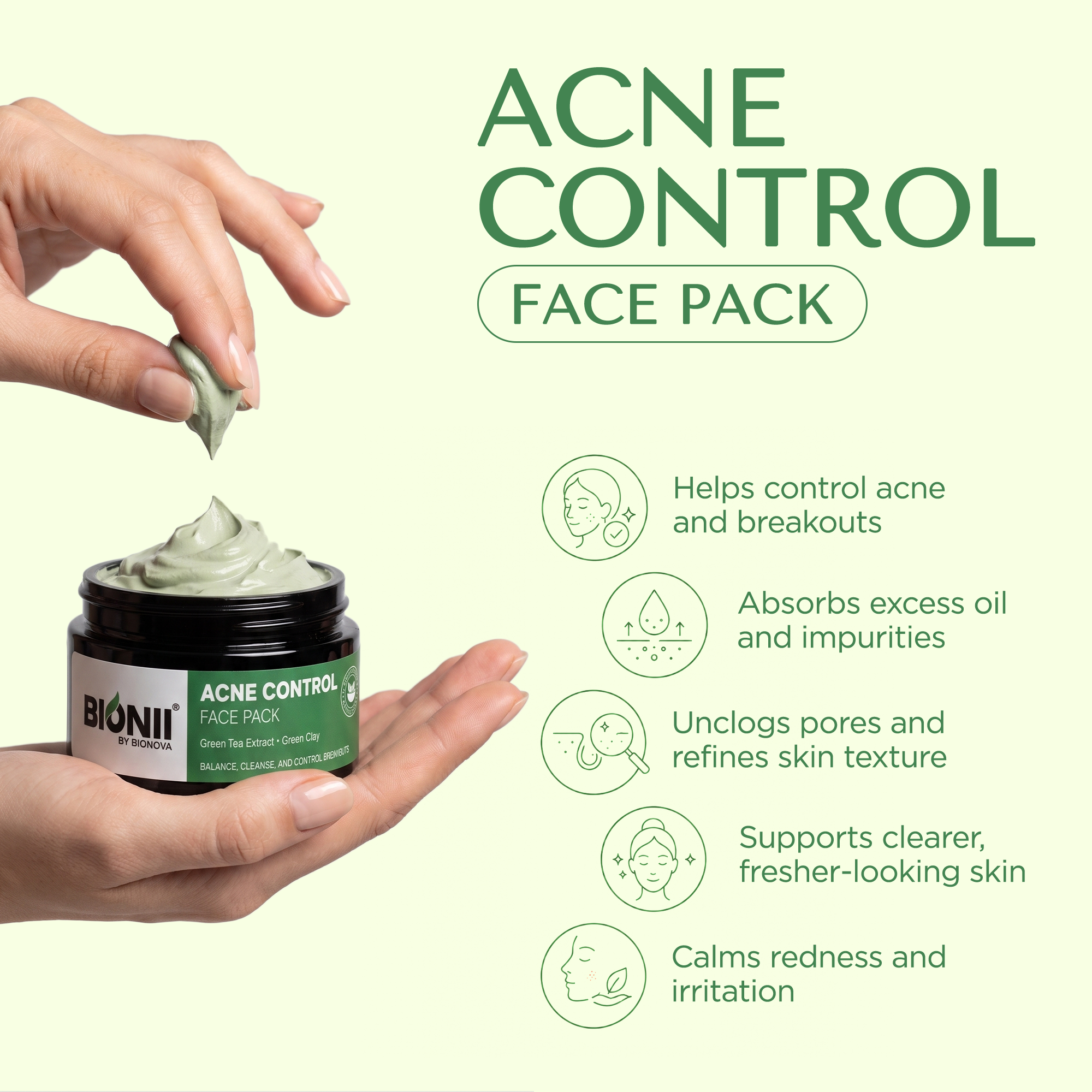Bionii Acne Control Face Pack shown in a hand-dipped jar with green cream on the lid, set against a pale green background with text and feature icons describing skin benefits.