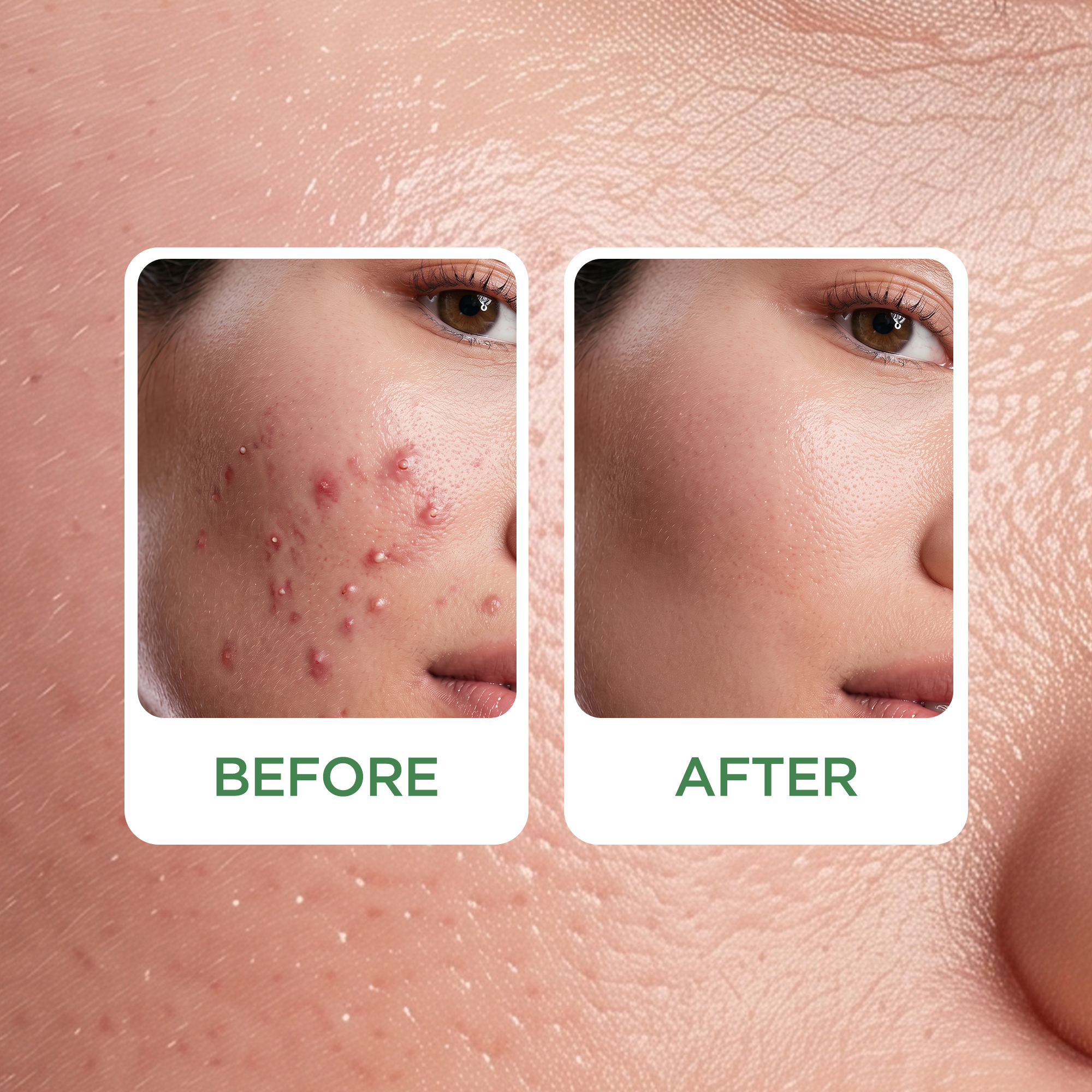 Before-and-after comparison of facial acne on a close-up skin background, with two inset photos labeled BEFORE and AFTER and green text below each.