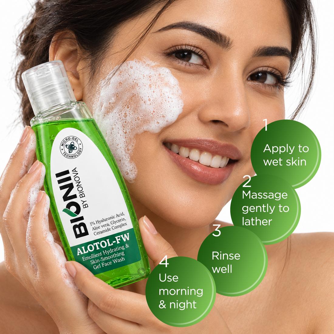 Alotol-FW Emollient Hydrating & Skin-Smoothing Gel Face Wash – With 1% Hyaluronic Acid, Aloe Vera & Ceramide Complex | Micro-Gel Technology