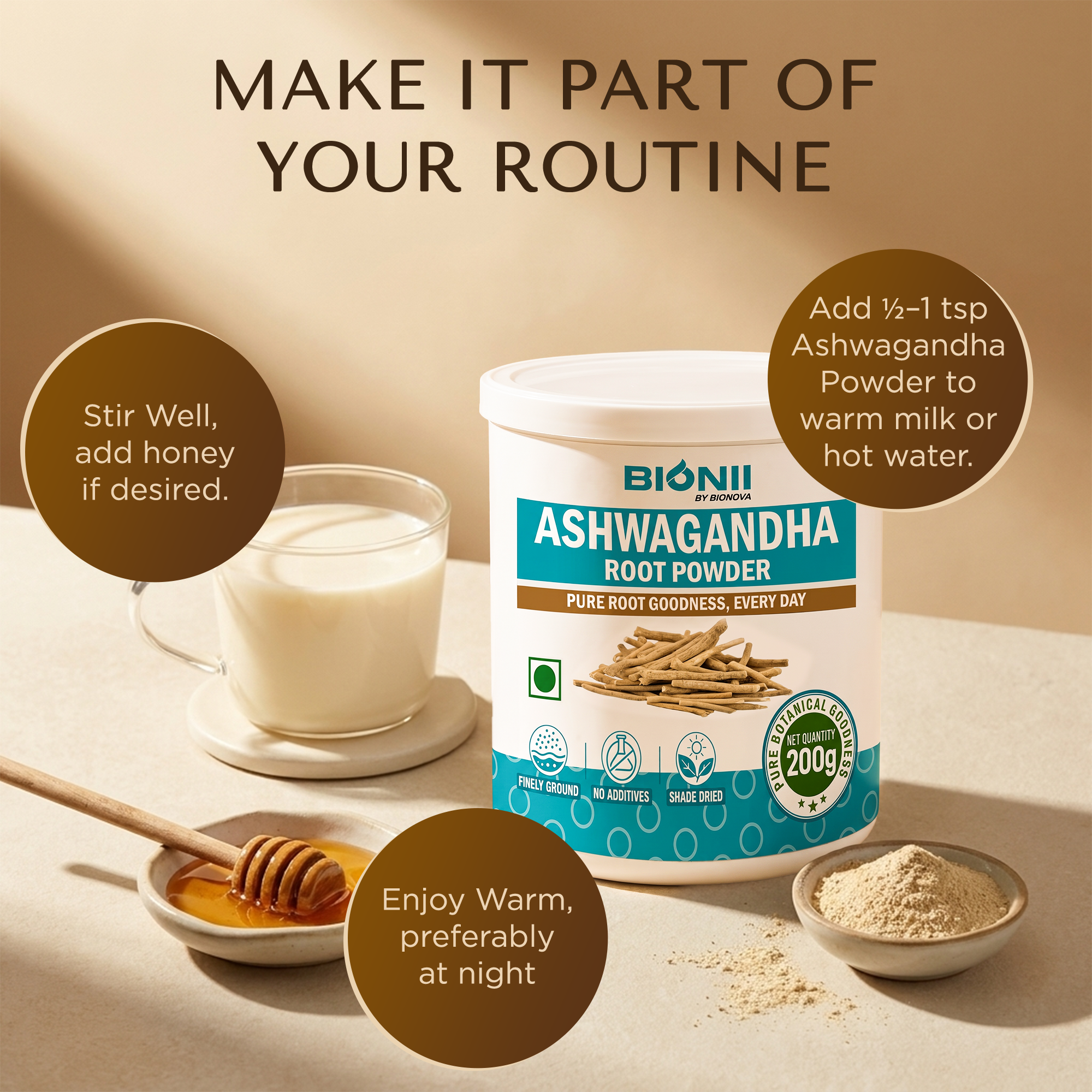 Bionii Ashwagandha Powder 200g – Organically Processed Ashwagandha Root Powder for Herbal Tea & Topical Use