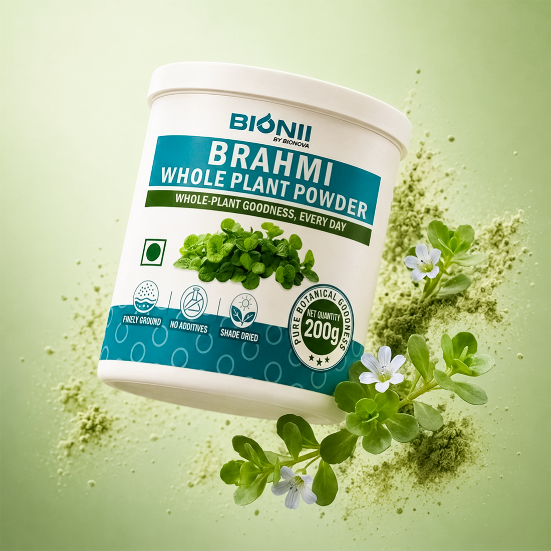 Bionii Brahmi Whole Plant Powder 200g – Organically Processed Brahmi Leaves Powder for Herbal Tea & Topical Use
