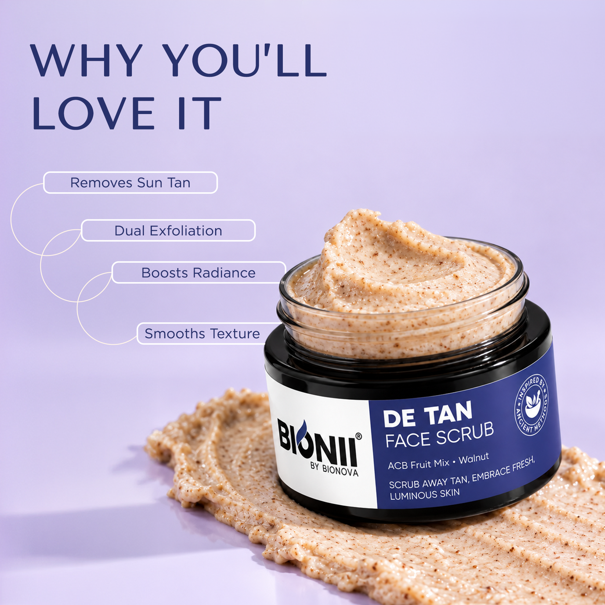 Bionii De-Tan Face Scrub | ACB Fruit Mix & Walnut for Sun Tan Removal | Brightening Exfoliator for Fresh, Luminous Skin