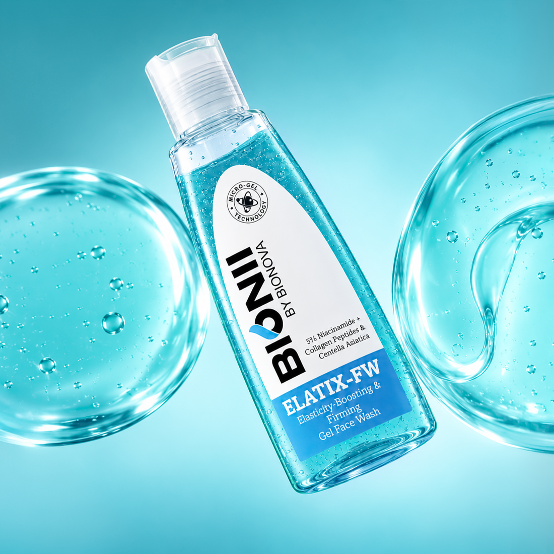Bionii Elatix-FW Elasticity-Boosting & Firming Gel Face Wash – With 5% Niacinamide, Collagen Peptides & Centella Asiatica | Micro-Gel Technology