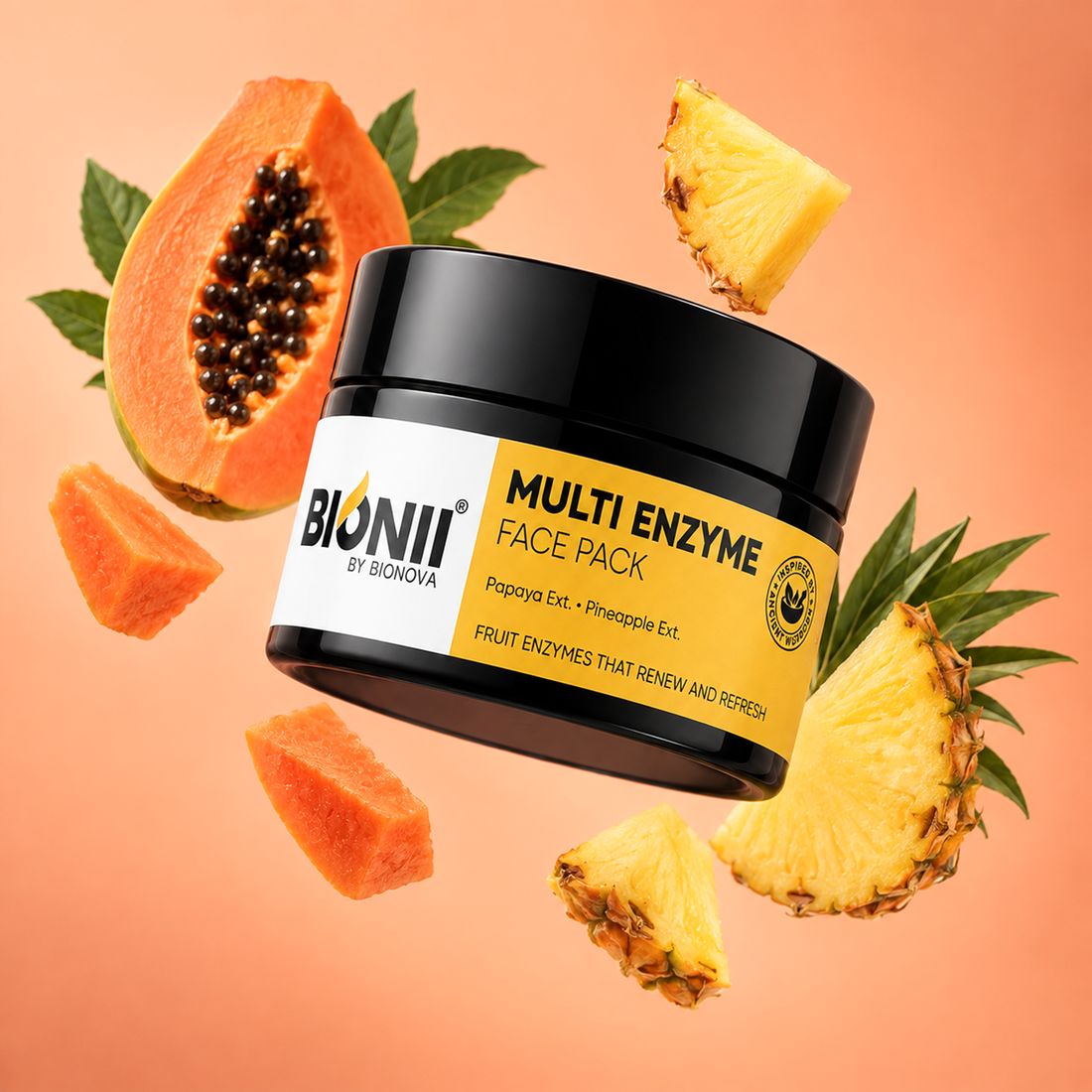 Bionii Multi Enzyme Face Pack | Papaya & Pineapple Extract for Skin Renewal | Gentle Exfoliating & Refreshing Mask