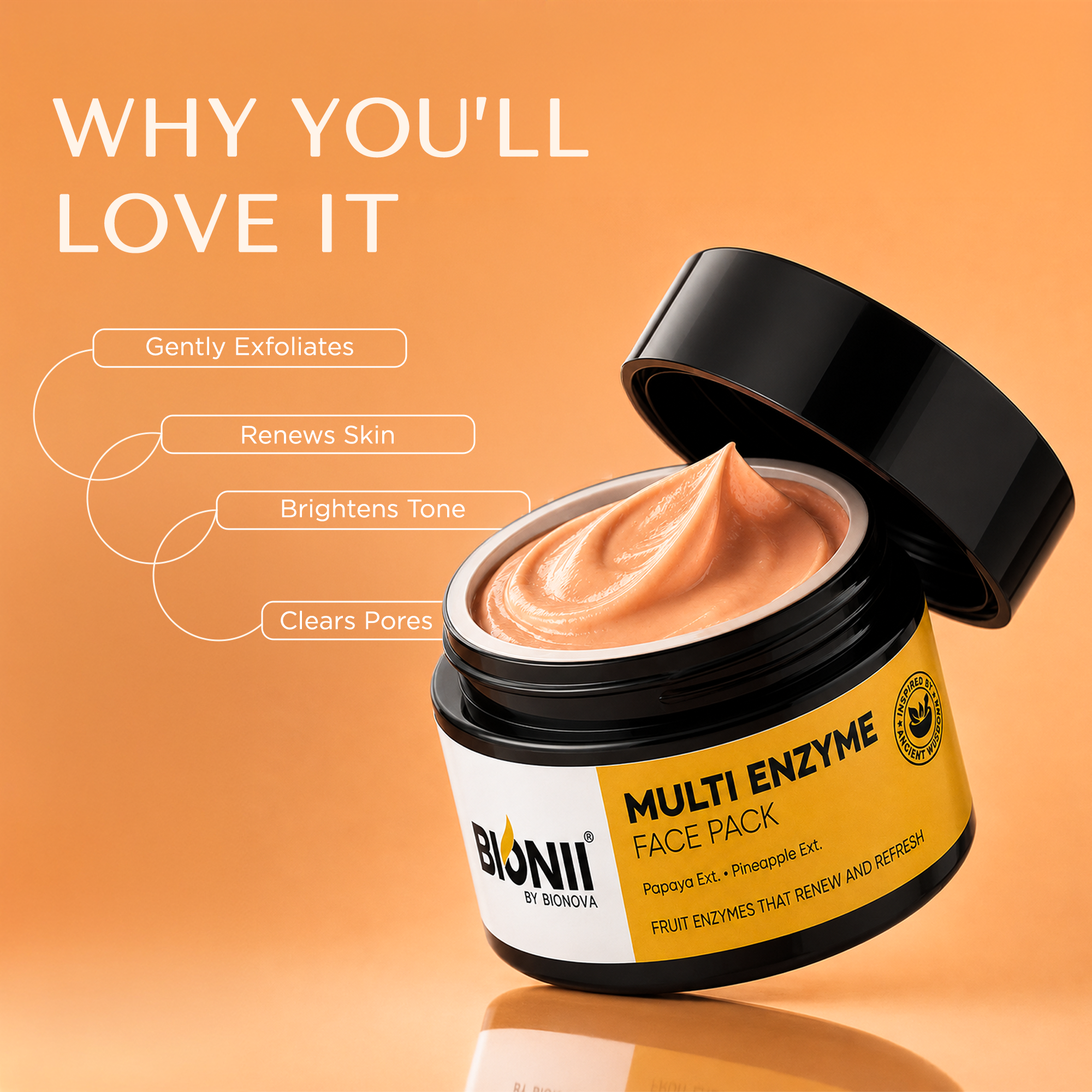 Bionii Multi Enzyme Face Pack | Papaya & Pineapple Extract for Skin Renewal | Gentle Exfoliating & Refreshing Mask