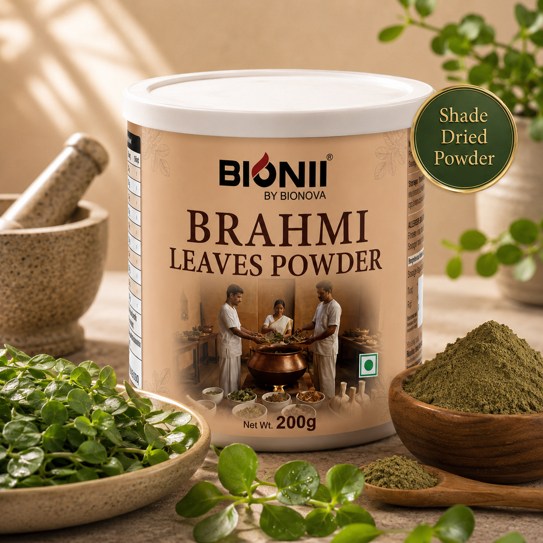 Bionii Brahmi Powder 200g – Organically Processed Brahmi Leaves Powder for Herbal Tea & Topical Use