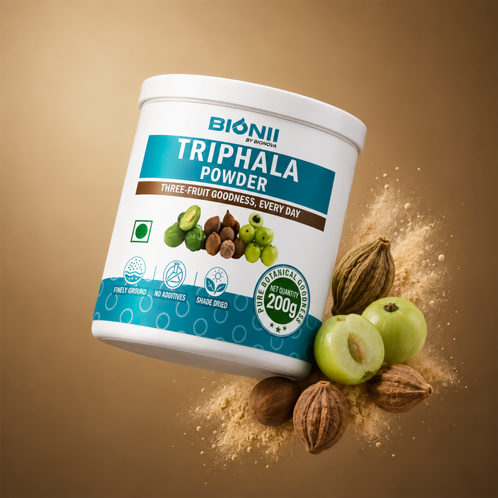 Bionii Triphala Powder 200g – Organic Amla, Bibhitaki & Haritaki Blend for Tea & Topical Use