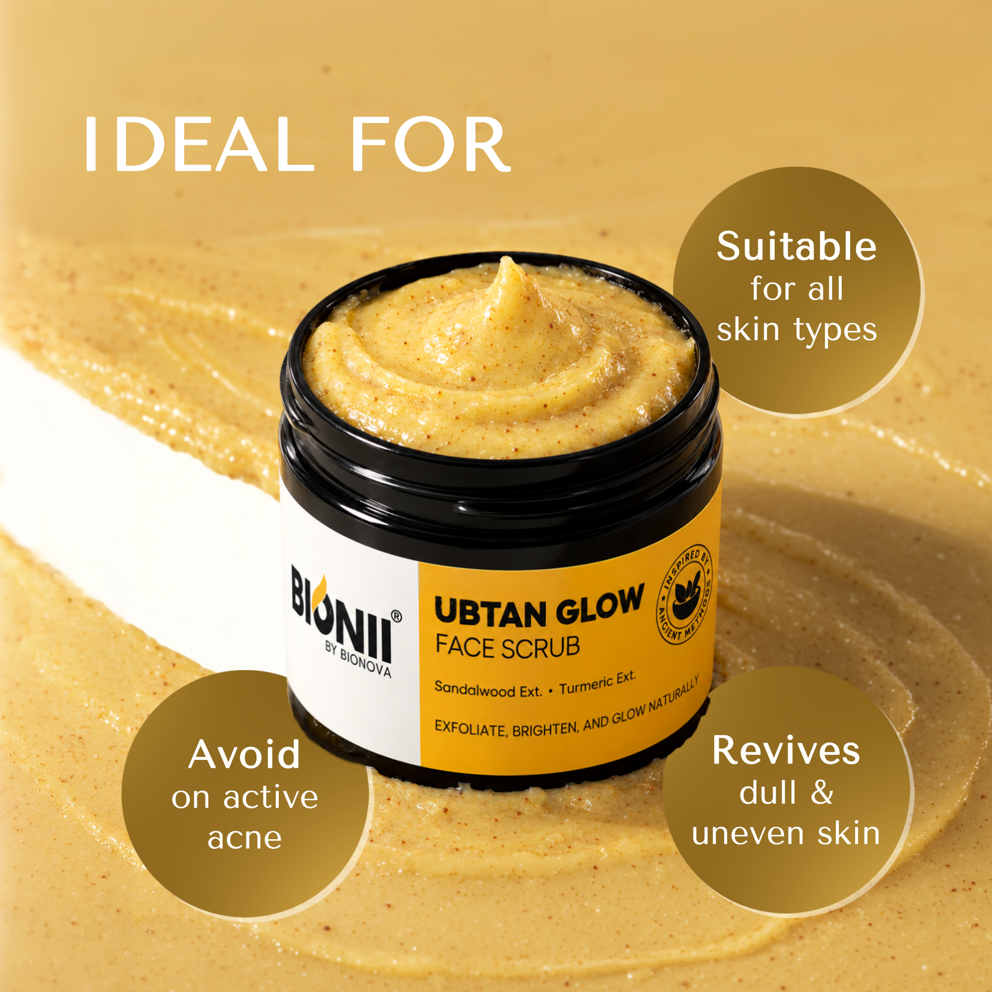 Bionii Ubtan Glow Face Scrub with Sandalwood & Turmeric for radiant skin
