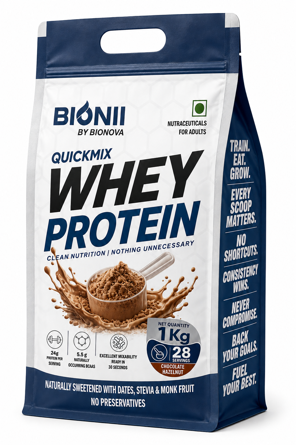 Bionii QuickMix Whey Protein 1kg Chocolate Hazelnut with 24g protein per serving