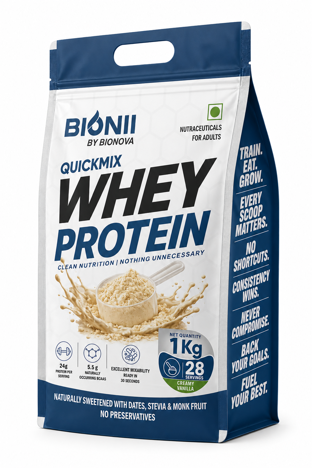 Bionii QuickMix Whey Protein 1kg Creamy Vanilla with 24g protein per serving