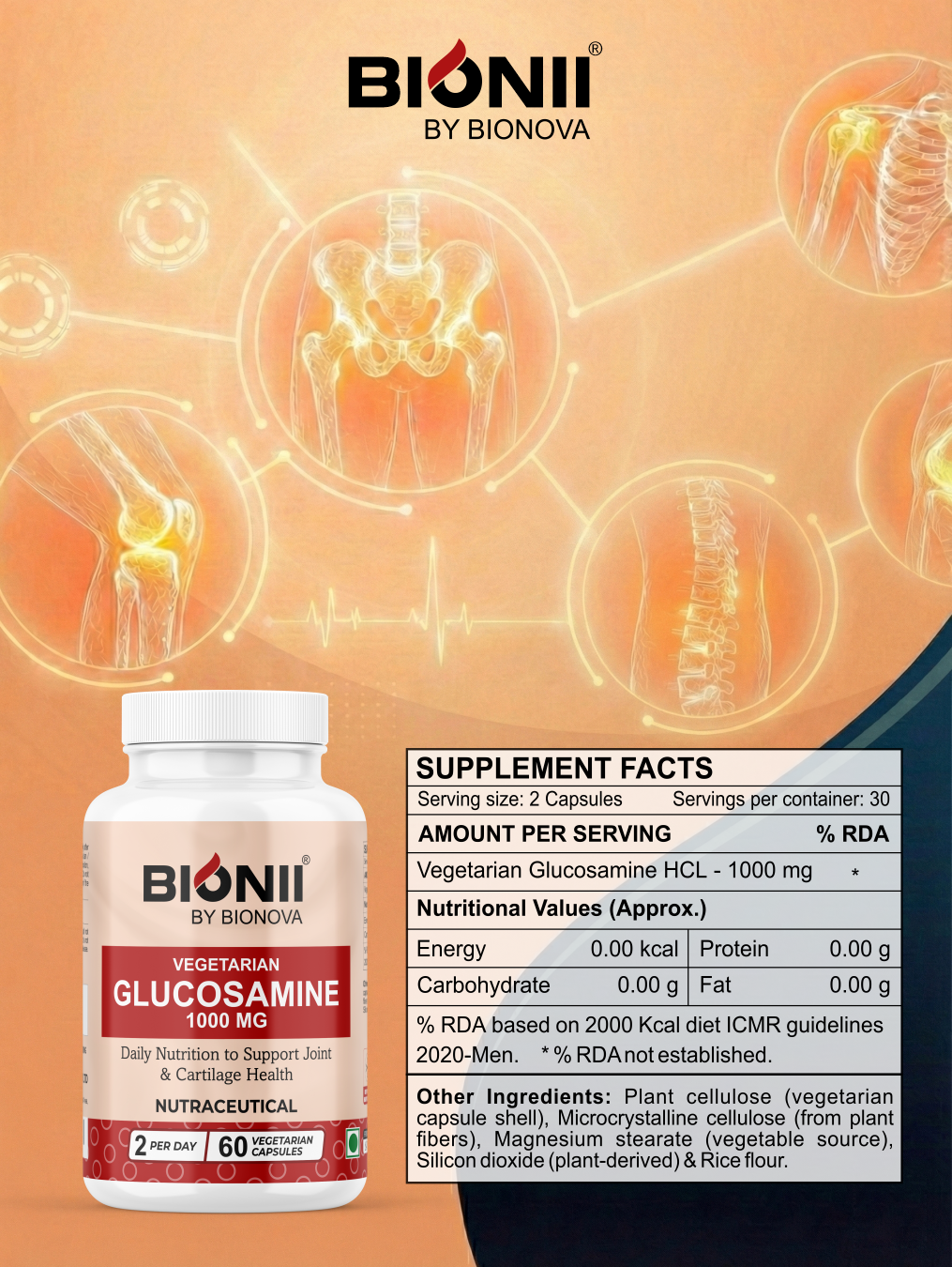 GLUCOSAMINE Vegetarian 1000 mg Capsules (60 Capsules) – Daily joint & cartilage support