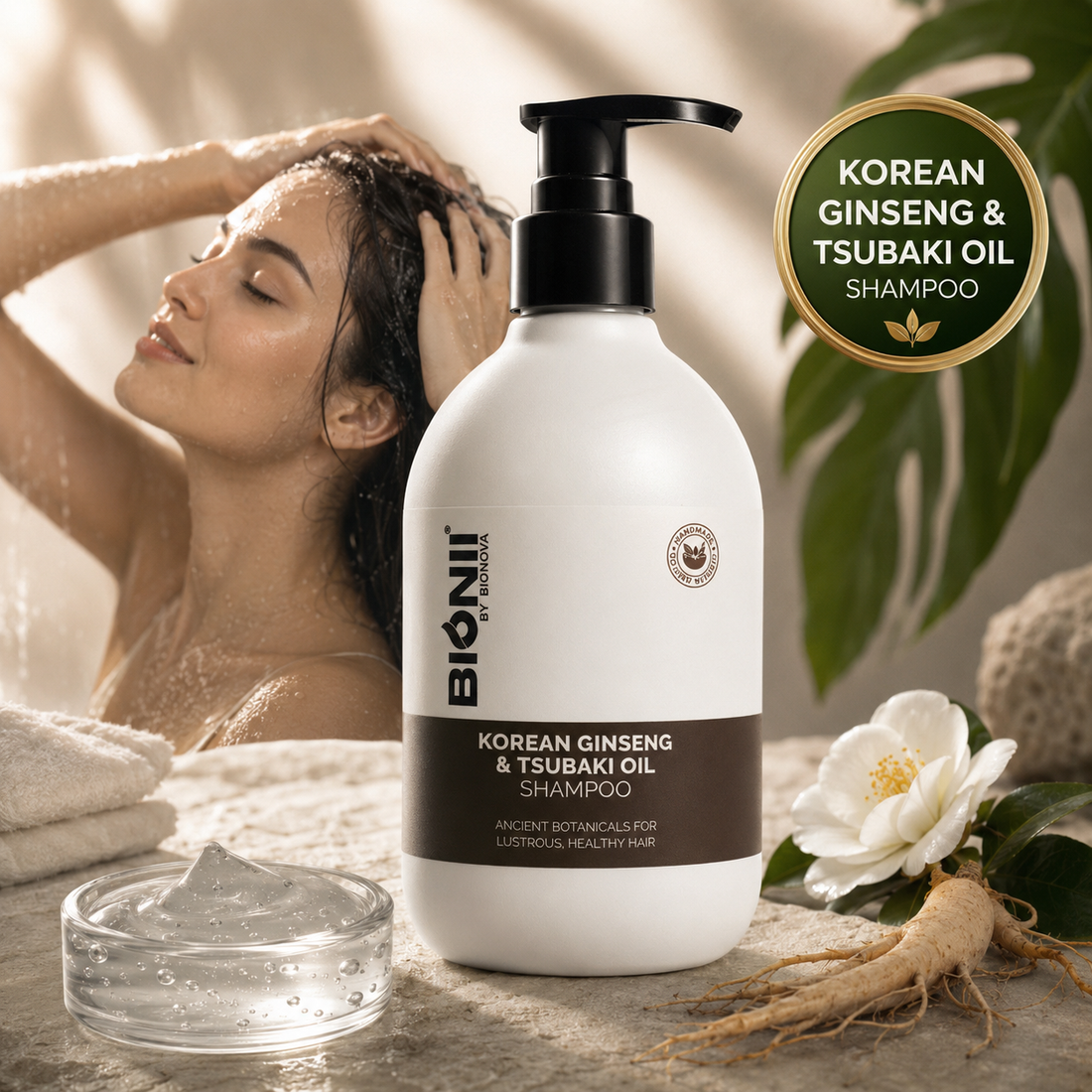 A bottle of Bionii Korean Ginseng & Tsubaki Oil Shampoo is shown in a styled bathroom scene with a woman in the background, a white flower, a root herb, and a small glass jar of shampoo gel. A gold circular badge reads 'Korean Ginseng & Tsubaki Oil Shampoo'.