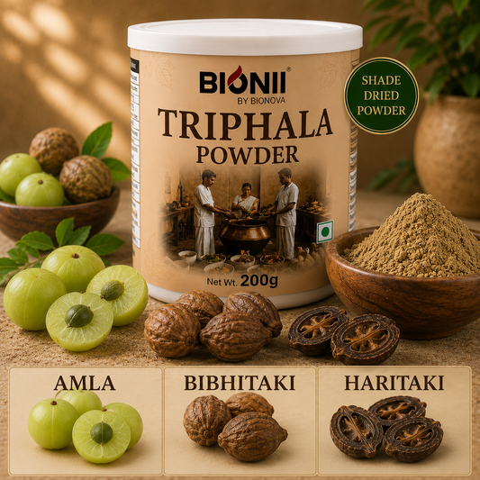 Bionii Triphala Powder 200g – Organic Amla, Bibhitaki & Haritaki Blend for Tea & Topical Use