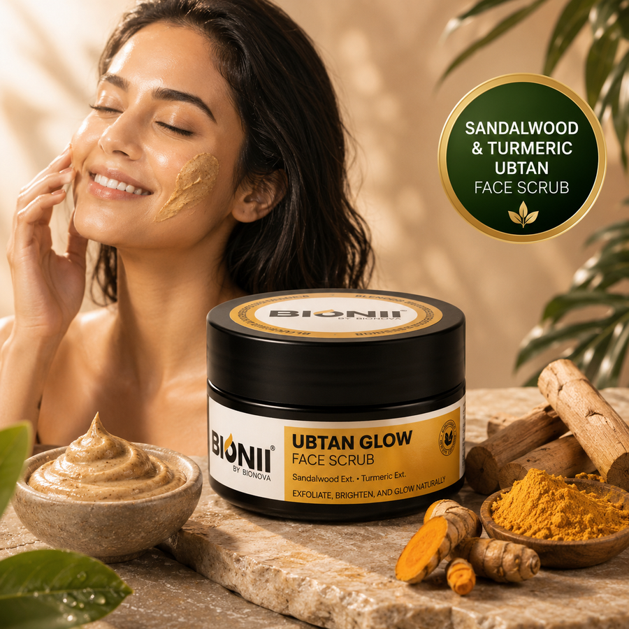 Bionii Ubtan Glow Face Scrub with Sandalwood & Turmeric for radiant skin