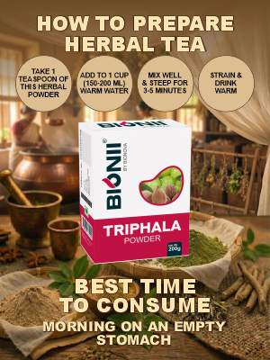 Bionii Triphala Powder 200g – Organic Amla, Bibhitaki & Haritaki Blend for Tea & Topical Use