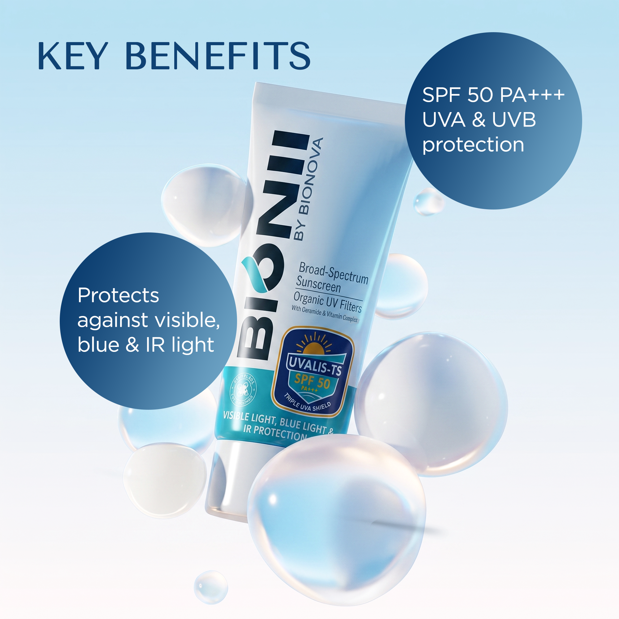 Bionii UVALIS-TS Broad-Spectrum Sunscreen SPF 50 PA+++ with Organic UV Filters and Ceramide