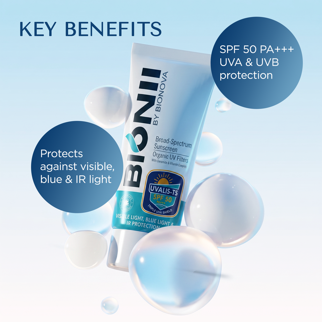 Bionii UVALIS-TS Broad-Spectrum Sunscreen SPF 50 PA+++ with Organic UV Filters and Ceramide
