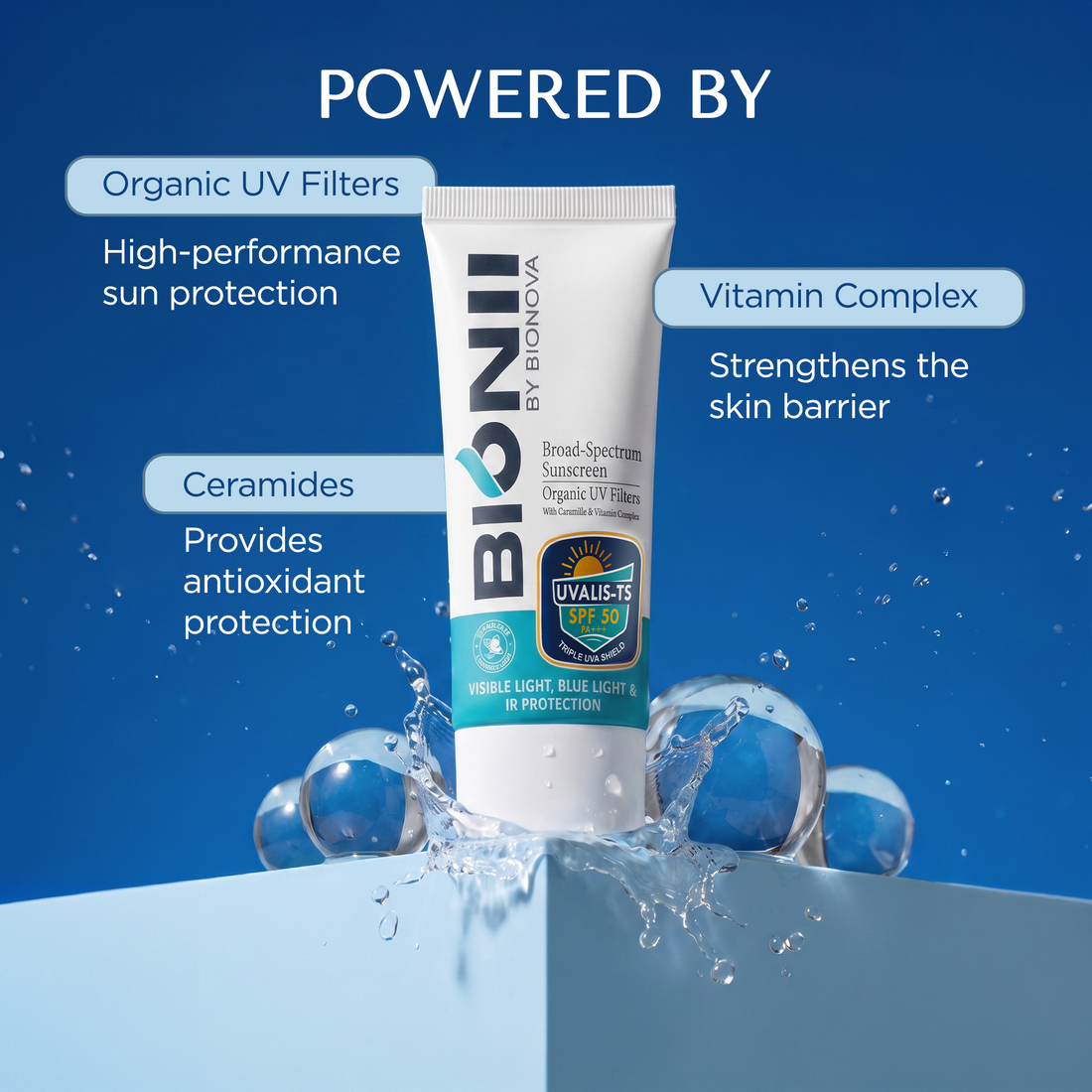 Bionii UVALIS-TS Broad-Spectrum Sunscreen SPF 50 PA+++ with Organic UV Filters and Ceramide