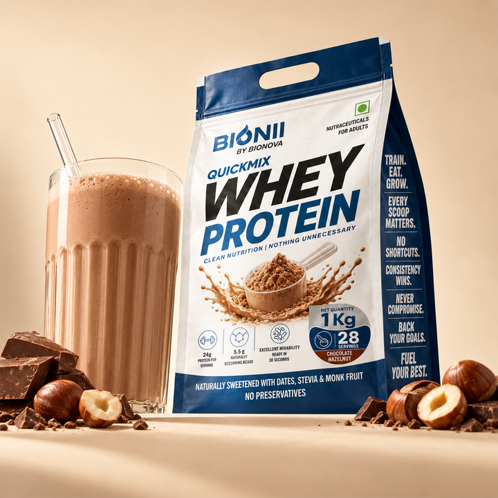 Bionii QuickMix Whey Protein 1kg Chocolate Hazelnut with 24g protein per serving